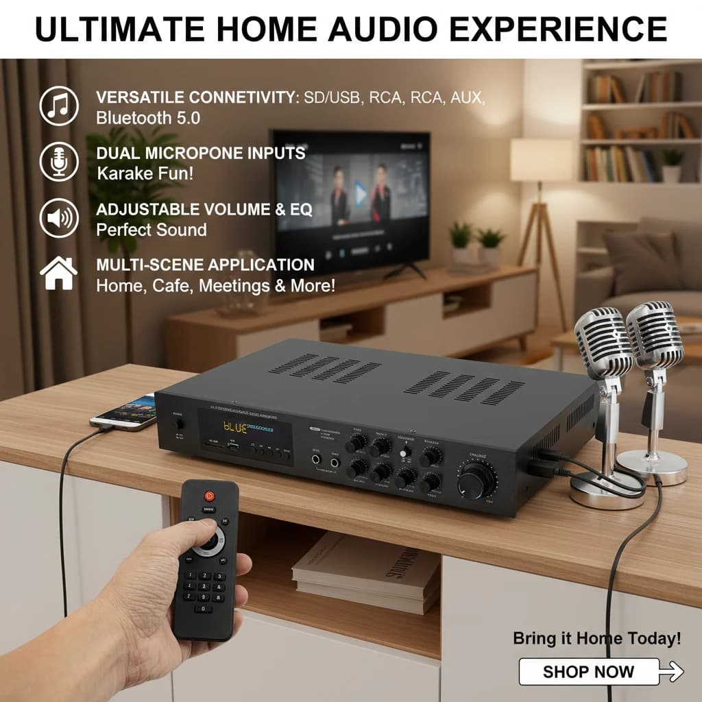 Amplifier Home Theater 5.1 Bluetooth channels, Audio Stereo system with FM radio and Subwoofer output