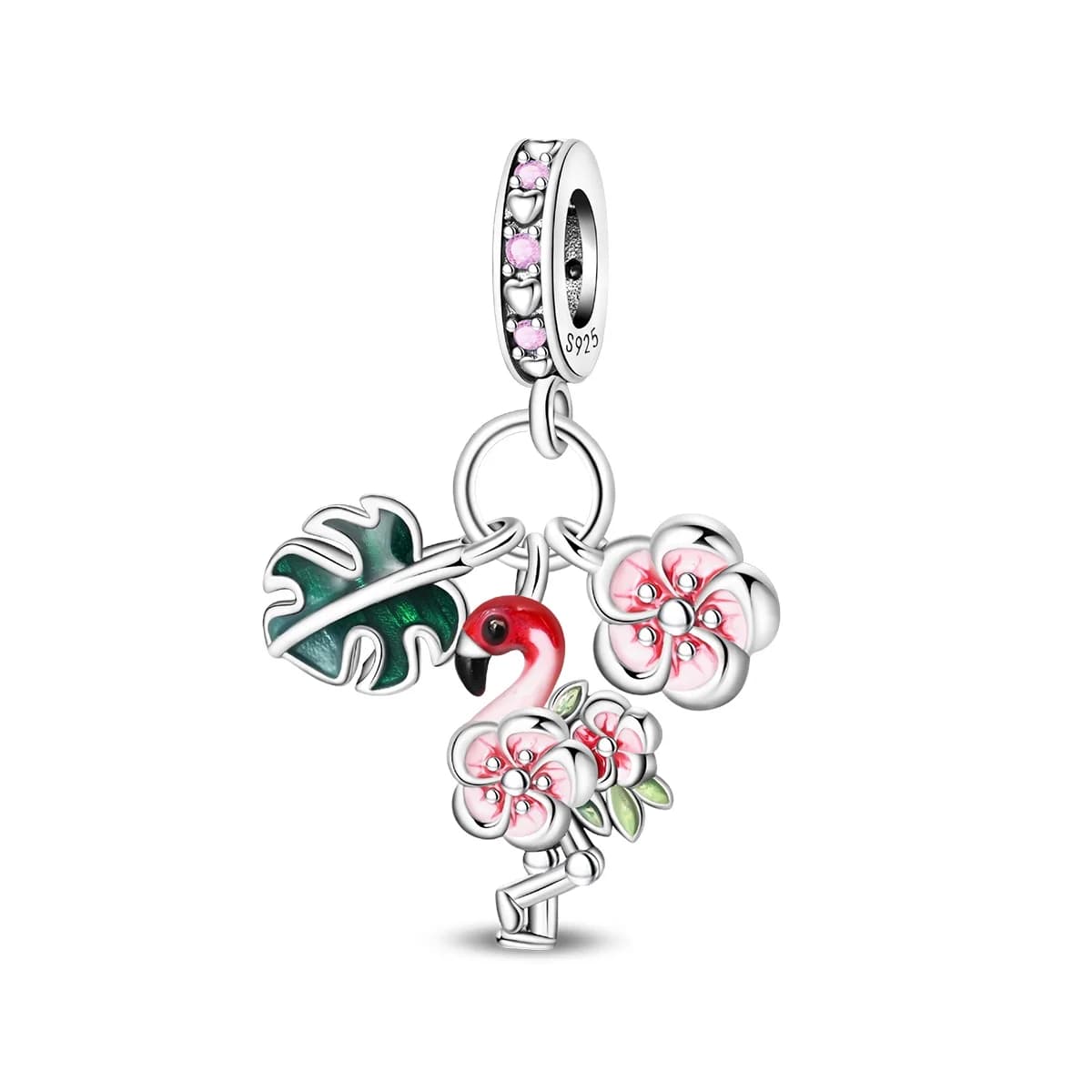 Charms Original 925 Sterling Silver Plated Flamingo Flower Pendant Beads Fit Bracelet Diy Gift Women Delicate Jewelry Accessory