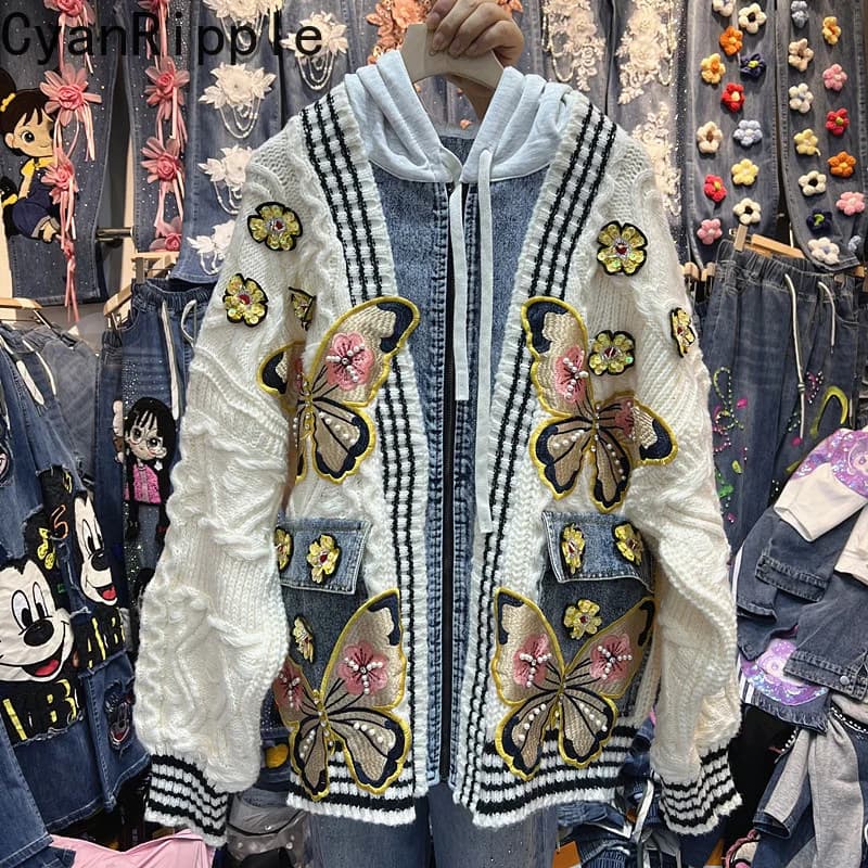 Fashion Autumn Winter Denim Splicing Loose Knitted Cardigans Coat Hooded Long Sleeve Sweater Top Beads Embroidery Women Jackets