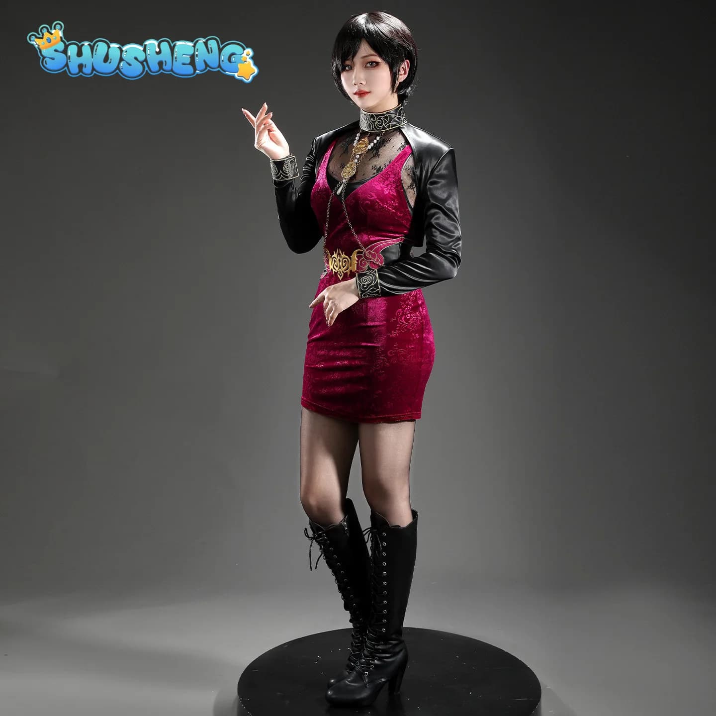 Costume Cosplay Ada Wong 30° Anniversario Resident Evil Biohazard Halloween Donna Uomo Sexy Abito in Velluto Dorato Scarpe Completo