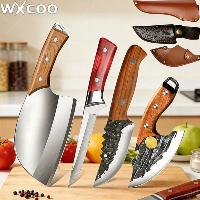WXCOO Coltello da Chef Professionale Forgiato a Mano, Coltello da Macellaio per Disossare, Coltello da Cucina per BBQ, Mannaia per Carne, Coltello da Cucina Domestico 1~4 Pezzi