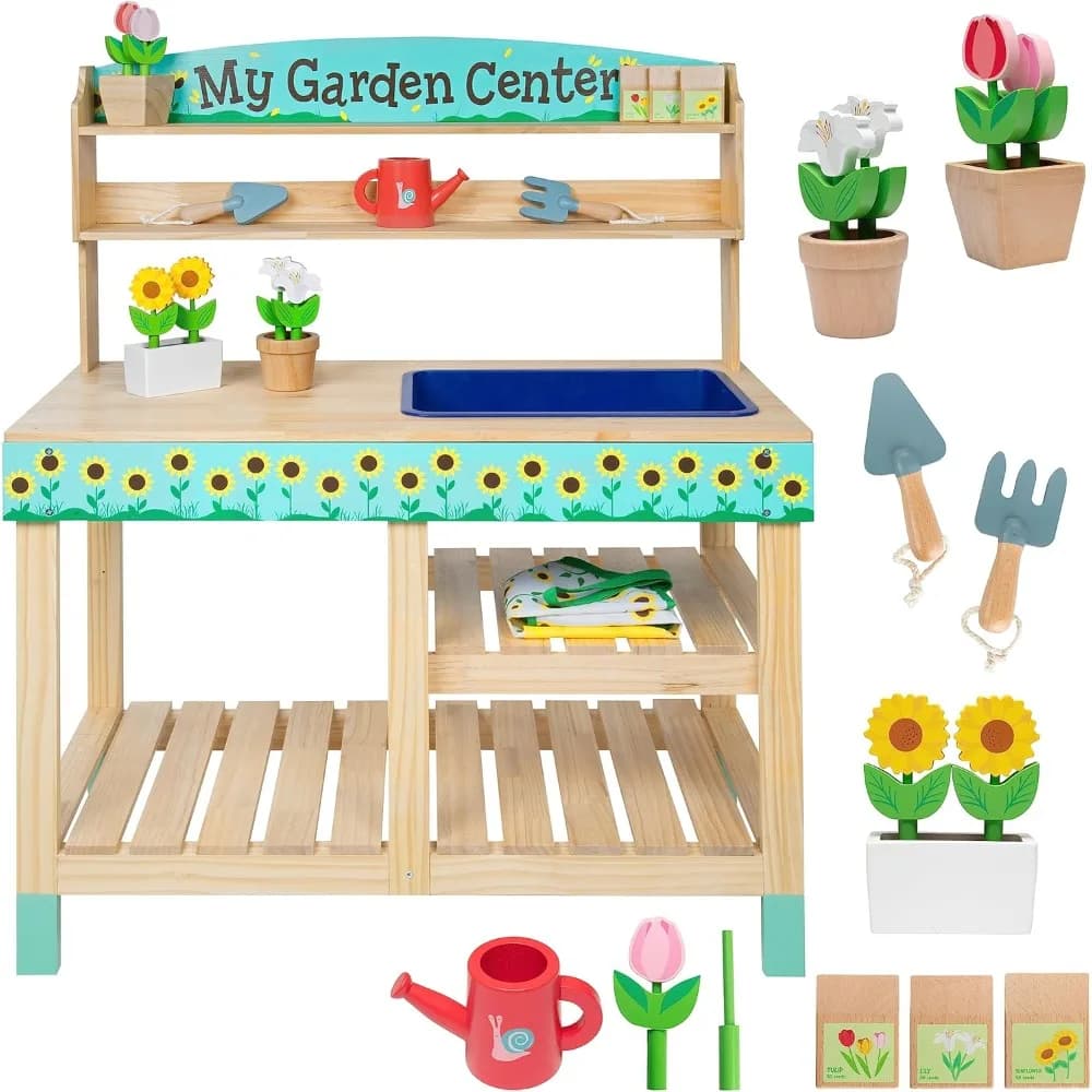 Game set for indoor gardening center wooden toy - Set of 22-piece garden supports with flowers, seed packages, pots