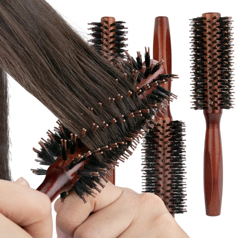 Spazzola Rotonda con Manico in Legno, Pettine per Capelli a Setole di Cinghiale, Spazzola Rotonda per Arricciare i Capelli, Strumento per Acconciature e Styling