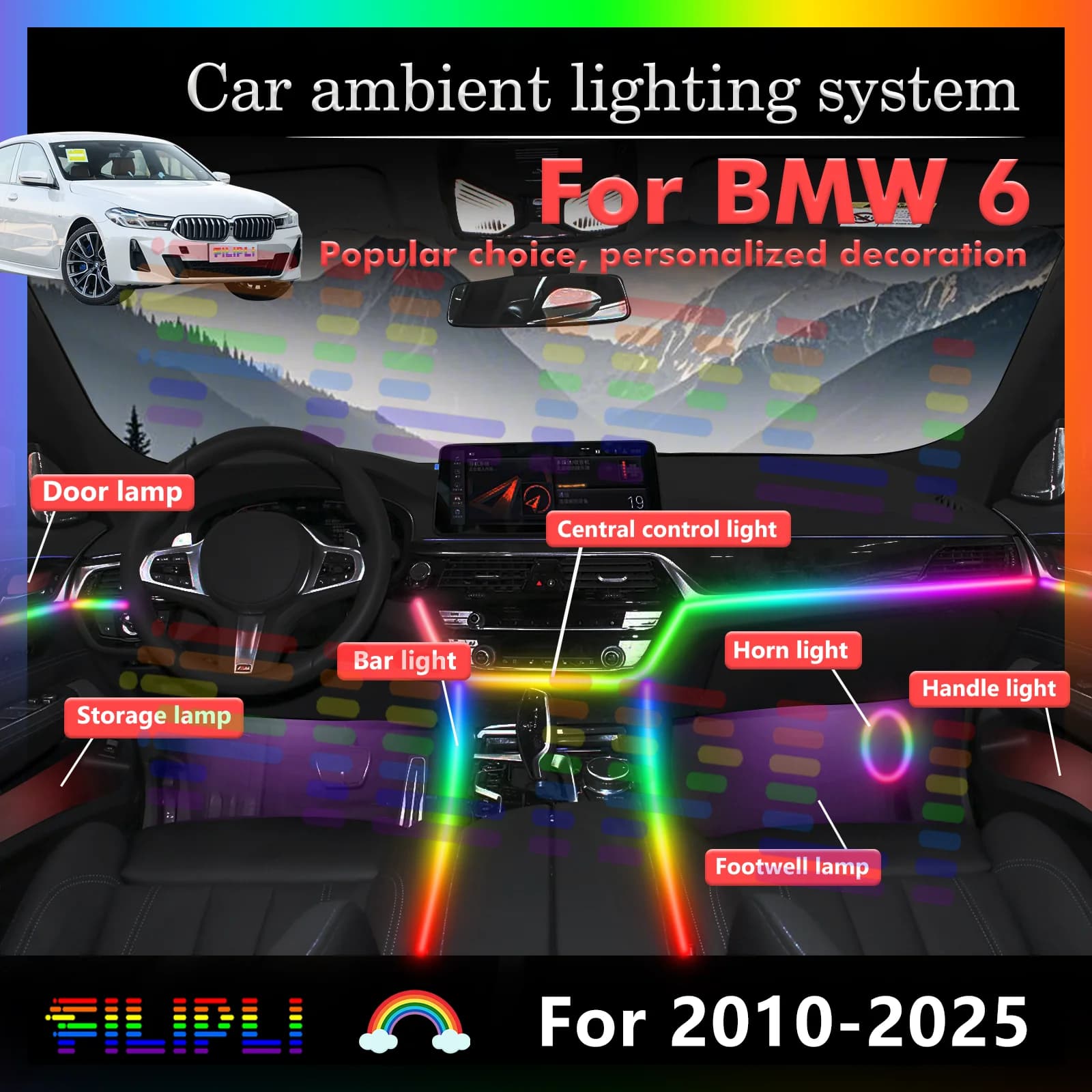 20 in 1 per BMW Serie 6 F06 F12 F13 G32 Lampade LED Ambientali per Auto, Luci Atmosfera Colorate, Striscia Neon per Interni Auto, Illuminazione RGB 64 Colori