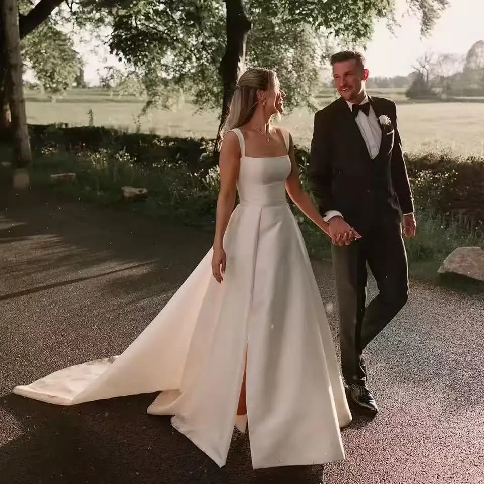 Simple Satin Wedding Dress 2026 High Slot A Line Wedding Dress Square Neck Princess Dress De Novia Custom Wedding Dresses