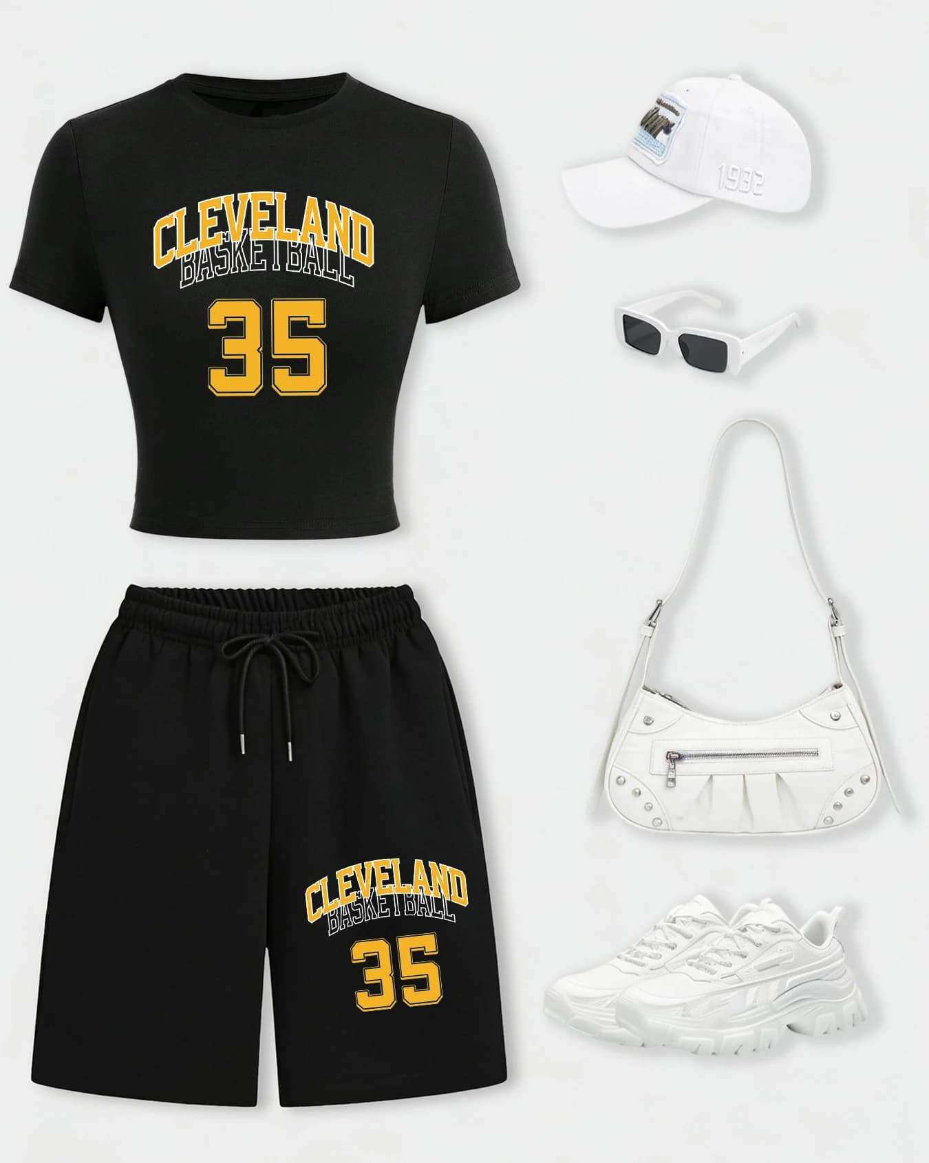 Set Cleveland Basketball 35: T-Shirt Women's Crop in Cotton and Wide Shorts with Coulisse and Summer Pockets