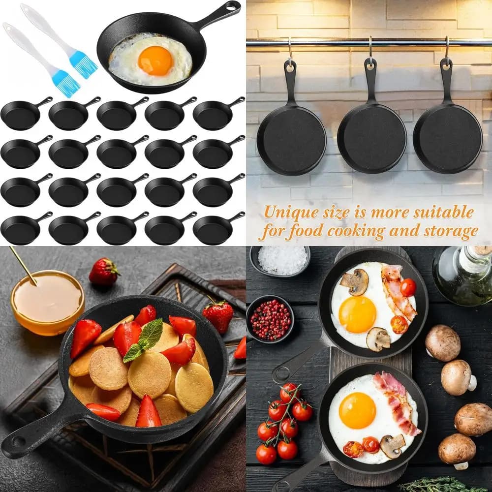 Set of 4-inch cast iron bowls, non-stick black pans with oil brush, ideal for small dishes, eggs and outdoor cooking