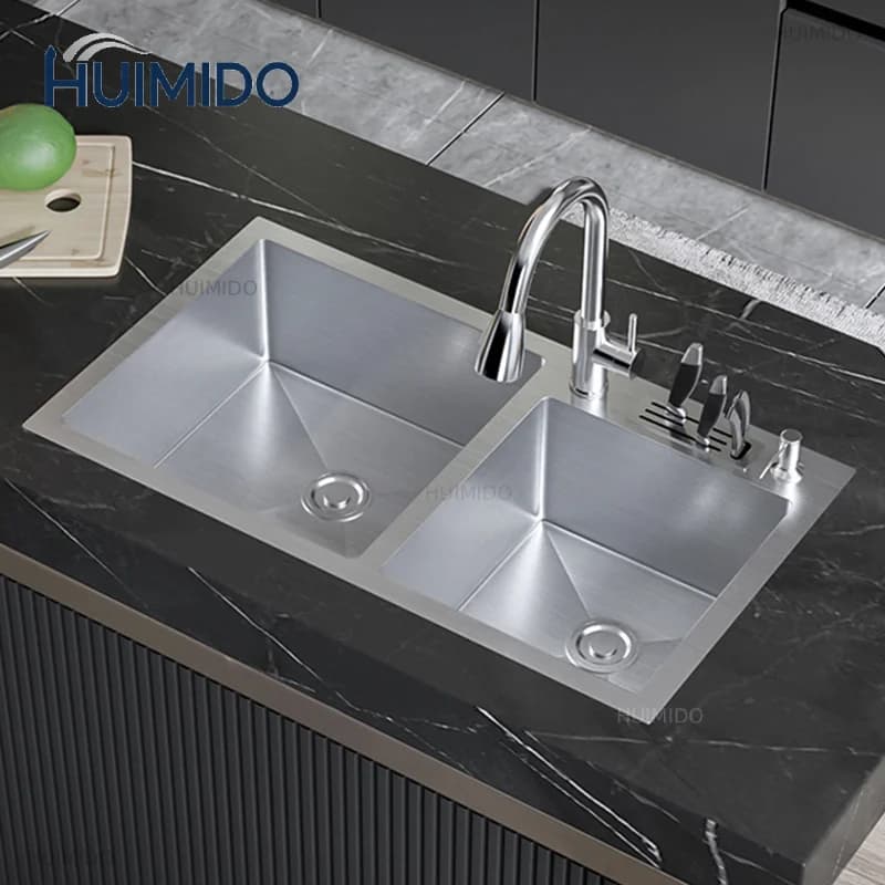 SUS304 Stainless Steel Large Kitchen Sink With Knife Holder Handmade Tank Double Bowl Basin Sink For Kitchen Fixture Accessories