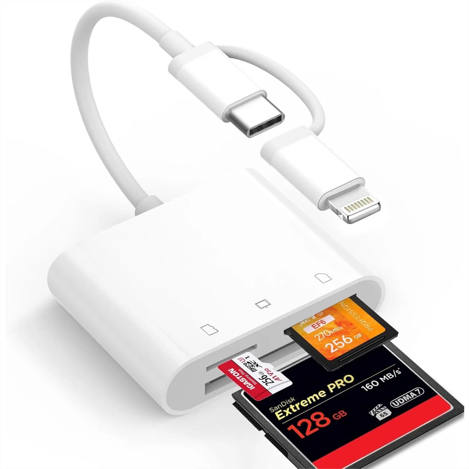 Lettore di Schede CF SD per iPhone iPad Mac, Doppio Connettore Lightning e USB C, Adattatore 3-in-1 per Schede di Memoria con Compact Flash SD