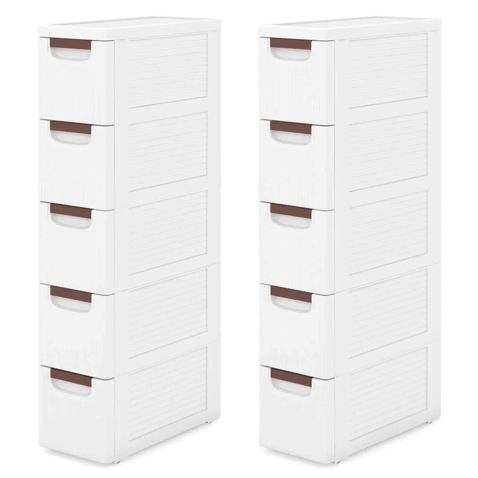2 Pezzi Armadietto Stretto a 5 Cassetti con Maniglie e Ruote Integrate