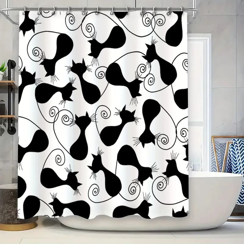 Set di accessori decorativi per il bagno in tessuto impermeabile con tenda da doccia con stampa gatto nero per la decorazione domestica