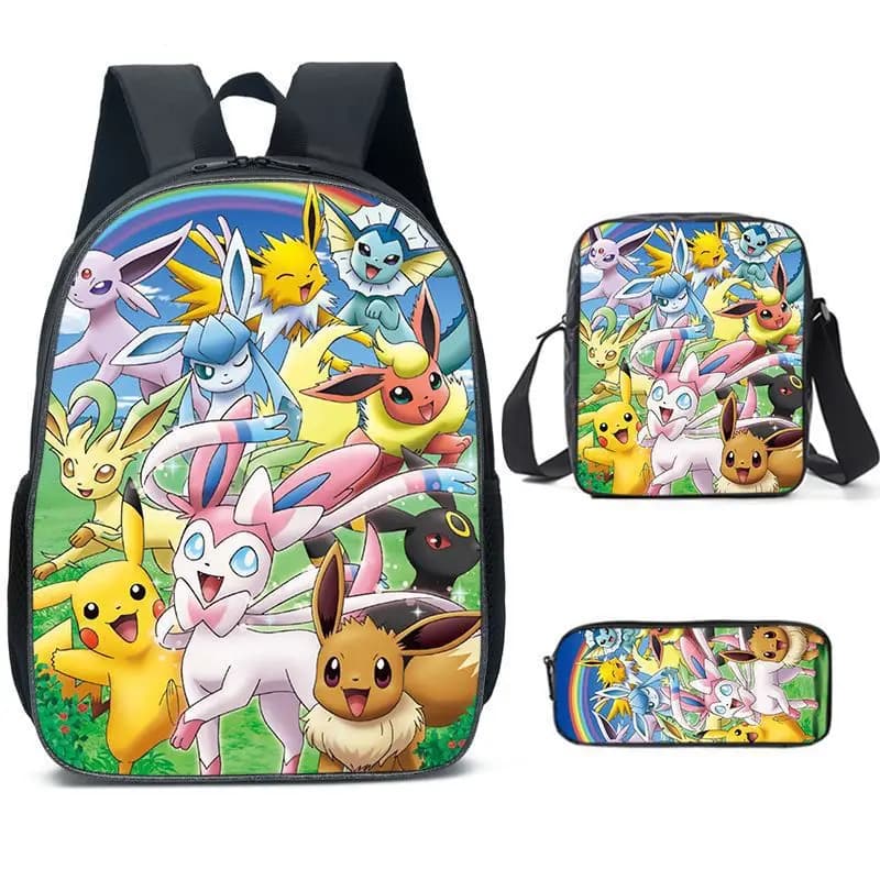 3-Piece Set Pokemon Cartoon School Bags for Boys Girls School Backpack Light Weight Durable Backpack Crossbody Bag Pencil Case