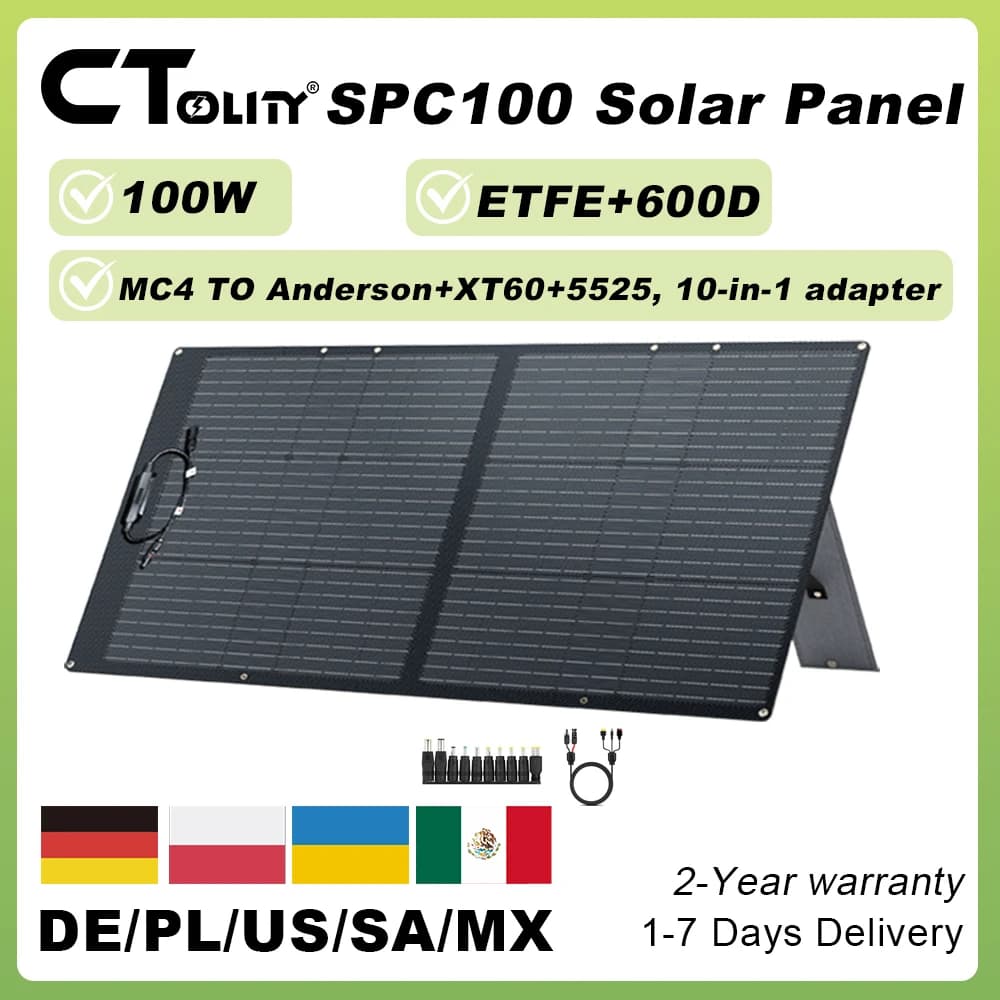 CTOLITY SPC100W ETFE Foldable Solar Panel with Adapter 20.5V 4.88A 23% Conversion Efficiency Portable Solar Charger for Outdoor