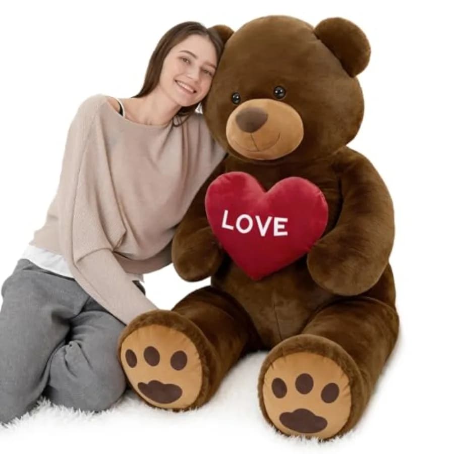 Orsacchiotto Gigante di San Valentino 52 Pollici, Peluche Morbido con Cuore Rosso, Grande Orso Marrone per Fidanzata, Moglie, Baby Shower