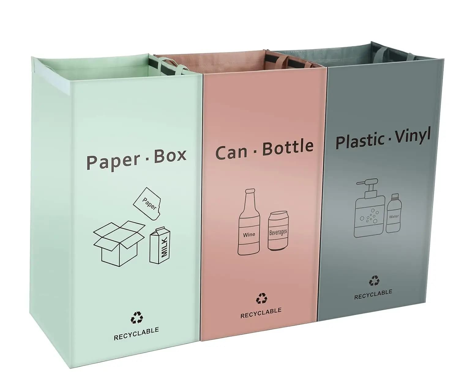 Separate Recycling Bin for Kitchen Home - Indoor Recycle Bins (Pink, Green, Gray) Waste Trash Sorting Bins, Reusable Waterproof