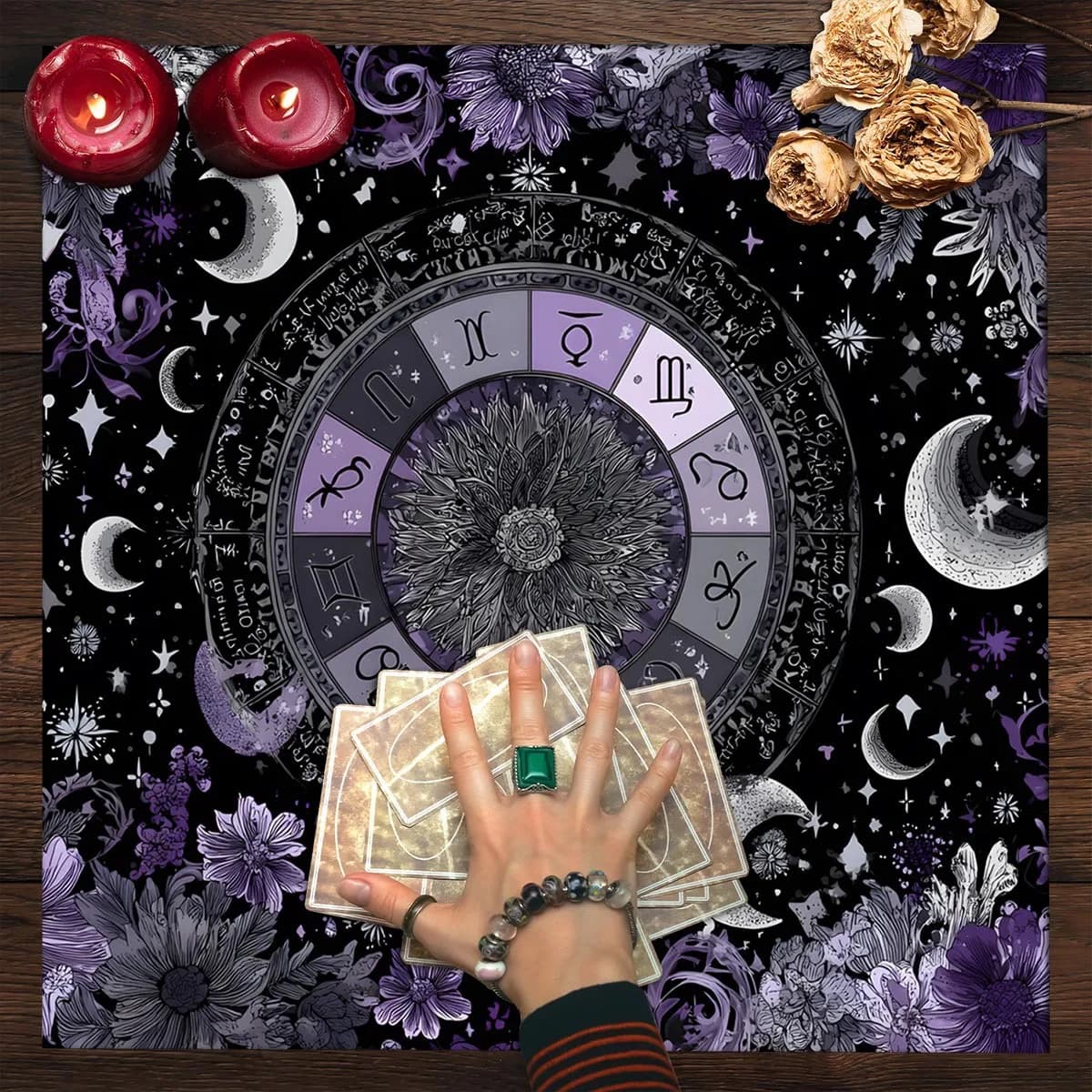 Tappetino per divinazione per astrologia mistica in tessuto per tarocchi con segno zodiacale e tovaglia per altare con motivo floreale lunare per carte dei tarocchi Oracle