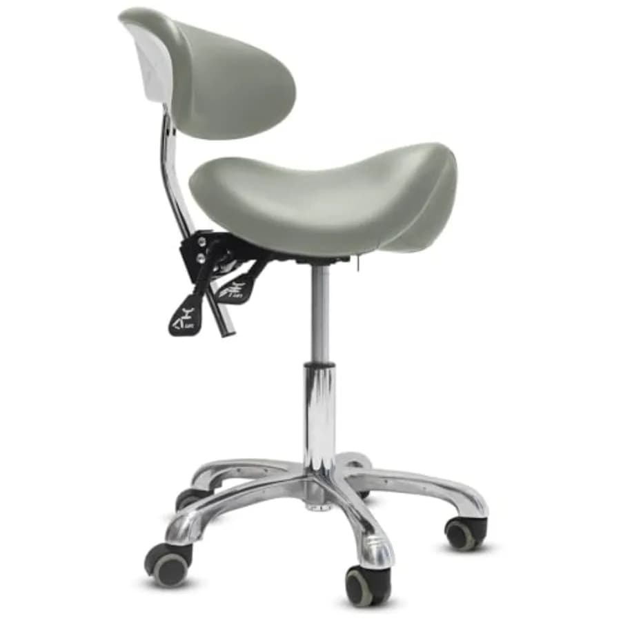 Sgabello a sella con ruote, sgabello ergonomico a 3 funzioni con schienale, sgabello a sella per parrucchieri e dentisti