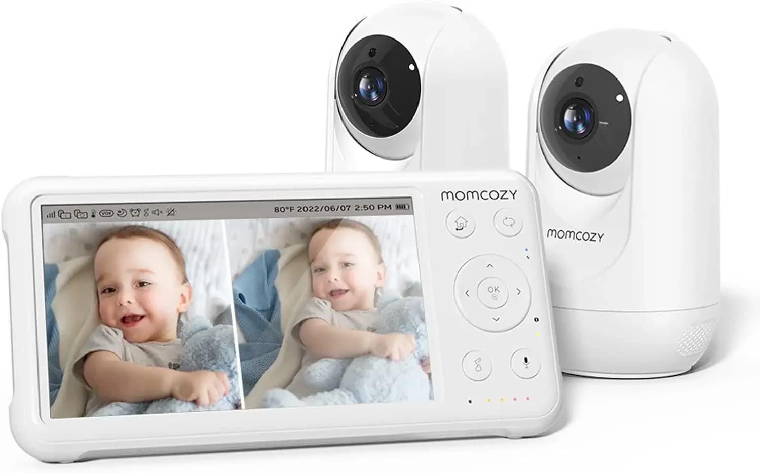 Baby Monitor con 2 Telecamere, Schermo Diviso da 5'' 1080P, Monitor Video per Bambini con Telecamera e Audio, Senza WiFi, per la Sicurezza del Bambino, Batteria da 5000mAh