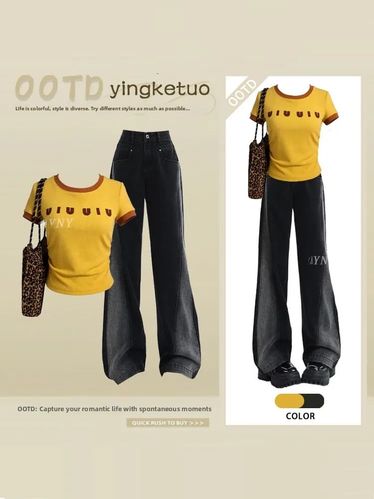 Hong Kong Style Retro Yellow Letter Short Sleeve T-Shirt And Wide Leg Jeans Set Women's Summer Casual Two Piece Set