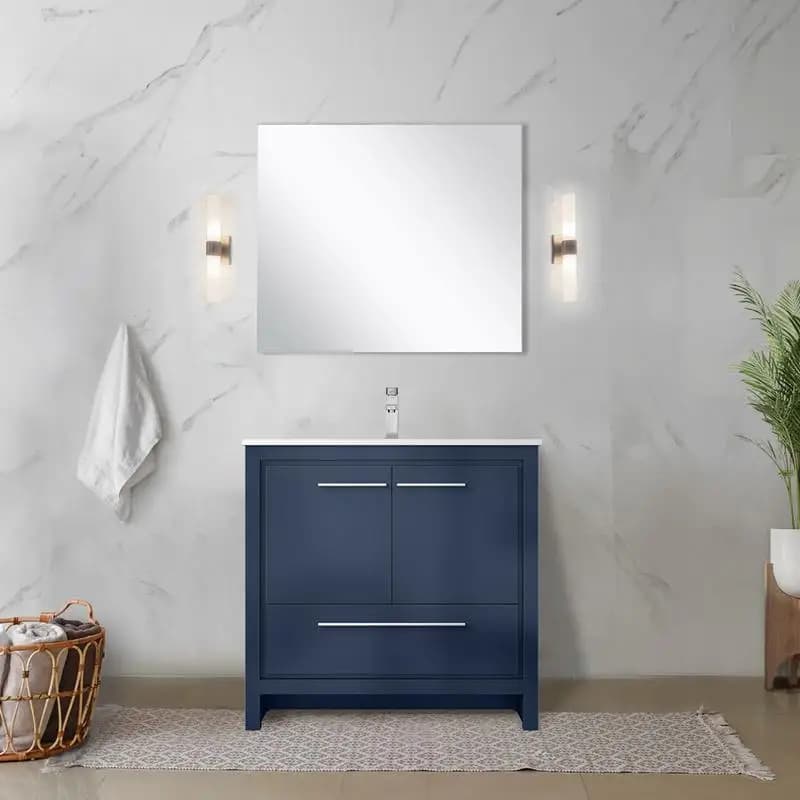 Vanity da bagno blu navy 36"L x 20"D, piano in marmo coltivato, set di rubinetti cromati e specchio da 28", design moderno per un bagno elegante