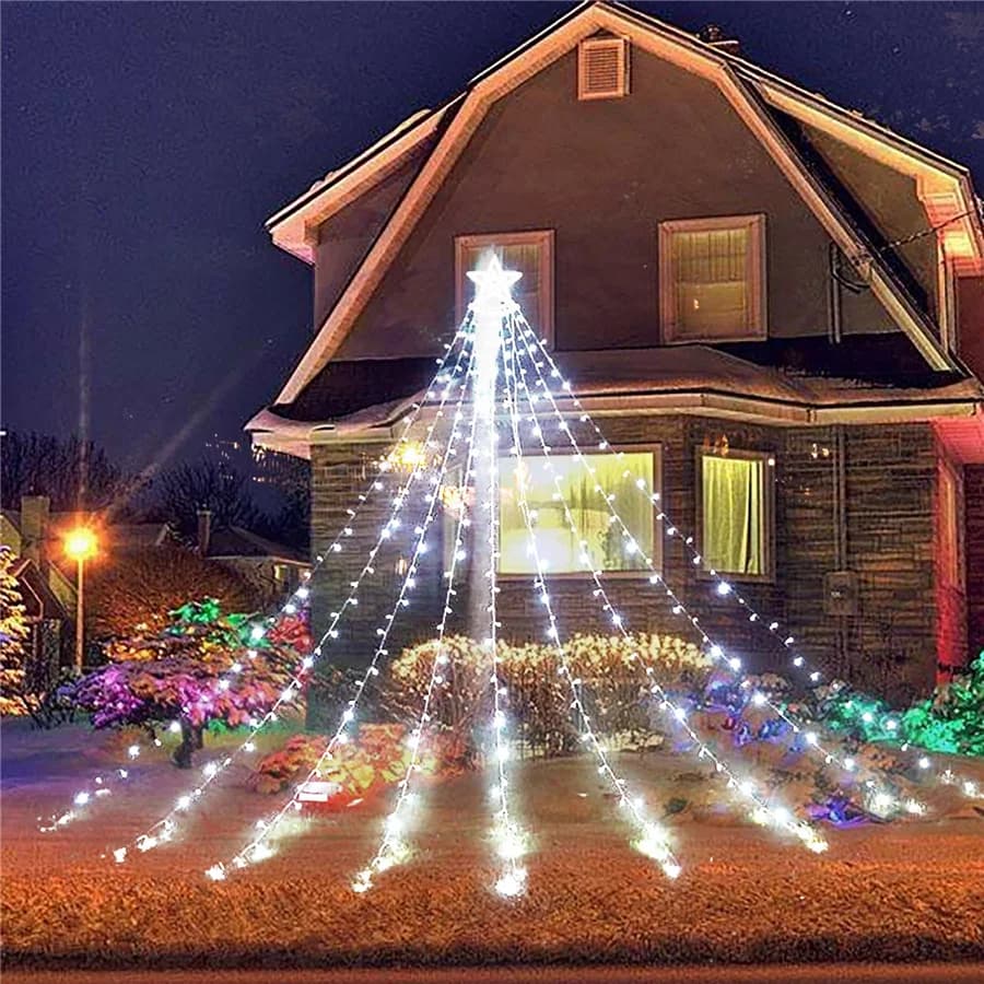 Splendidi lucine a cascata con stelle a 350 LED per esterni impermeabili 8 modalità Natale Capodanno Decorazioni da giardino Ghirlanda di luci a corda