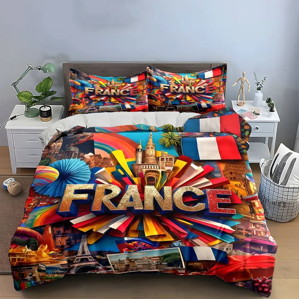 Set Decorativo a Tema Francese, Set di Biancheria da Letto con 1 Copripiumino e 2 Federe, Singolo, Matrimoniale, King, Queen, Regalo