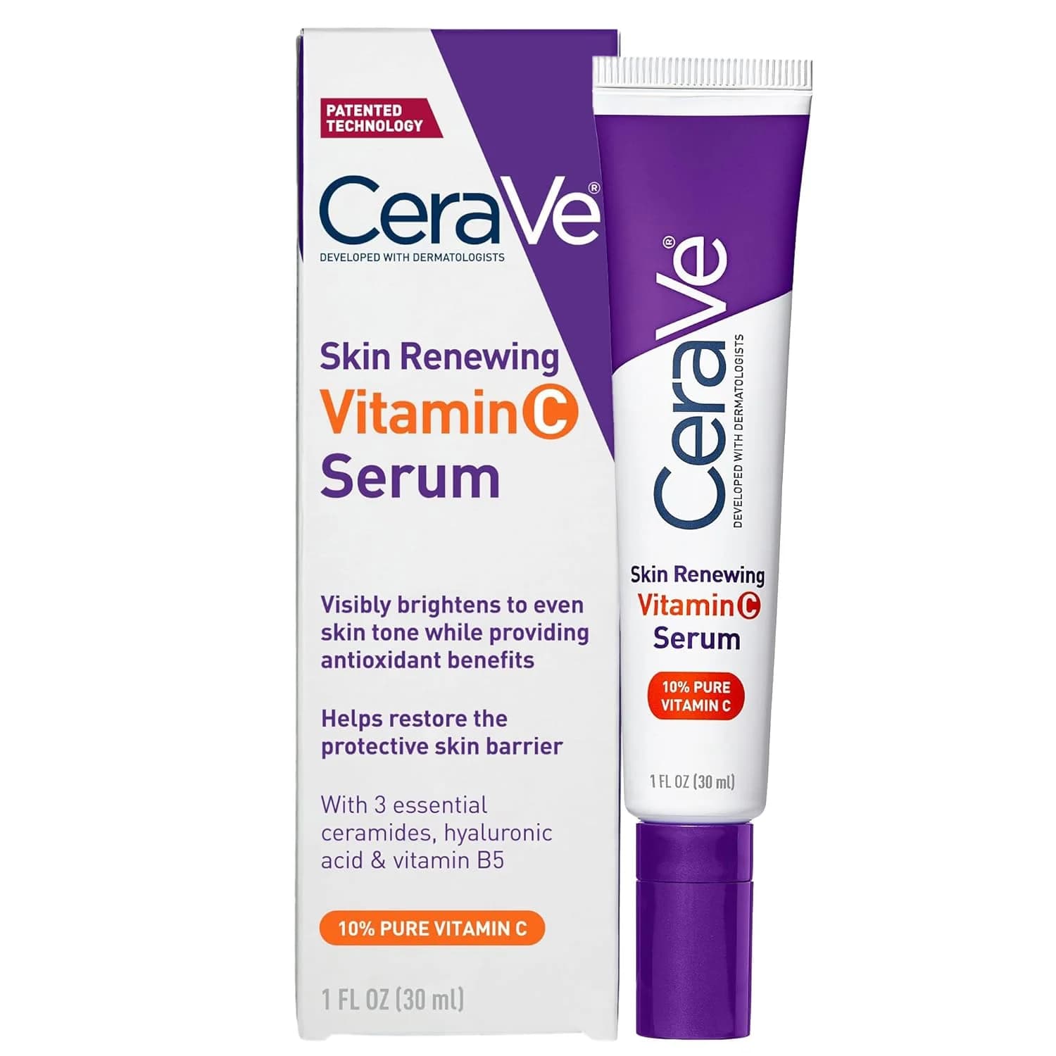 Siero Viso CeraVe alla Vitamina C con 10% di Vitamina C Pura, Acido Ialuronico e 3 Ceramidi Essenziali, Illuminante e Antiossidante per la Pelle 1oz