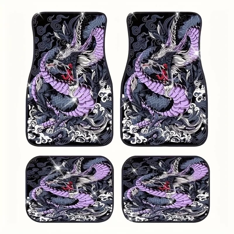 [4 tappetini per auto Dragon] Tappetini per auto con motivo drago in fibra di poliestere da 4 pezzi | Tappetini decorativi per berlina e SUV, anteriori e Rea