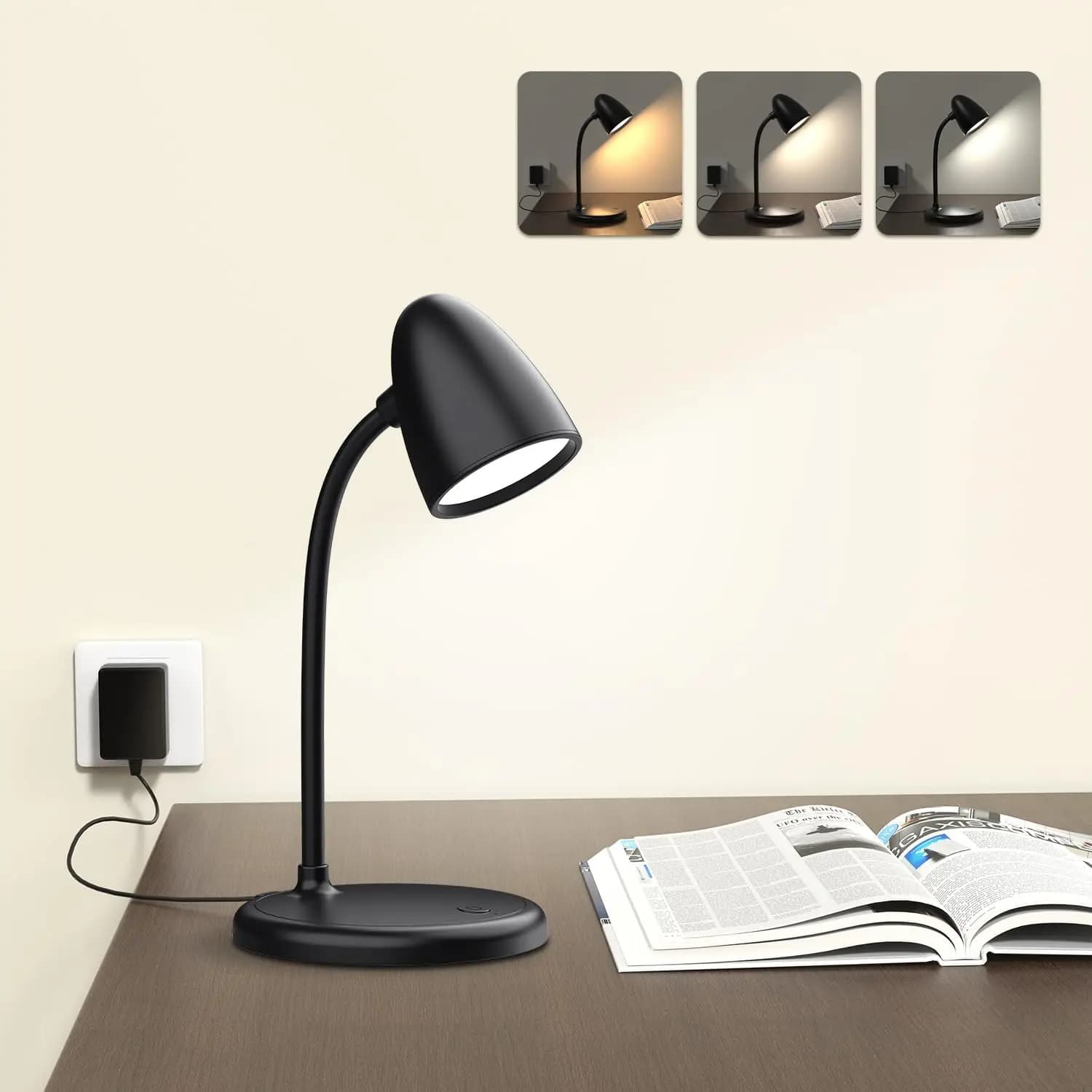 Lampada da Scrivania LED, 3 Colori, Luce da Lettura Dimmerabile per Casa, Ufficio, Comodino, Dormitorio, Nera