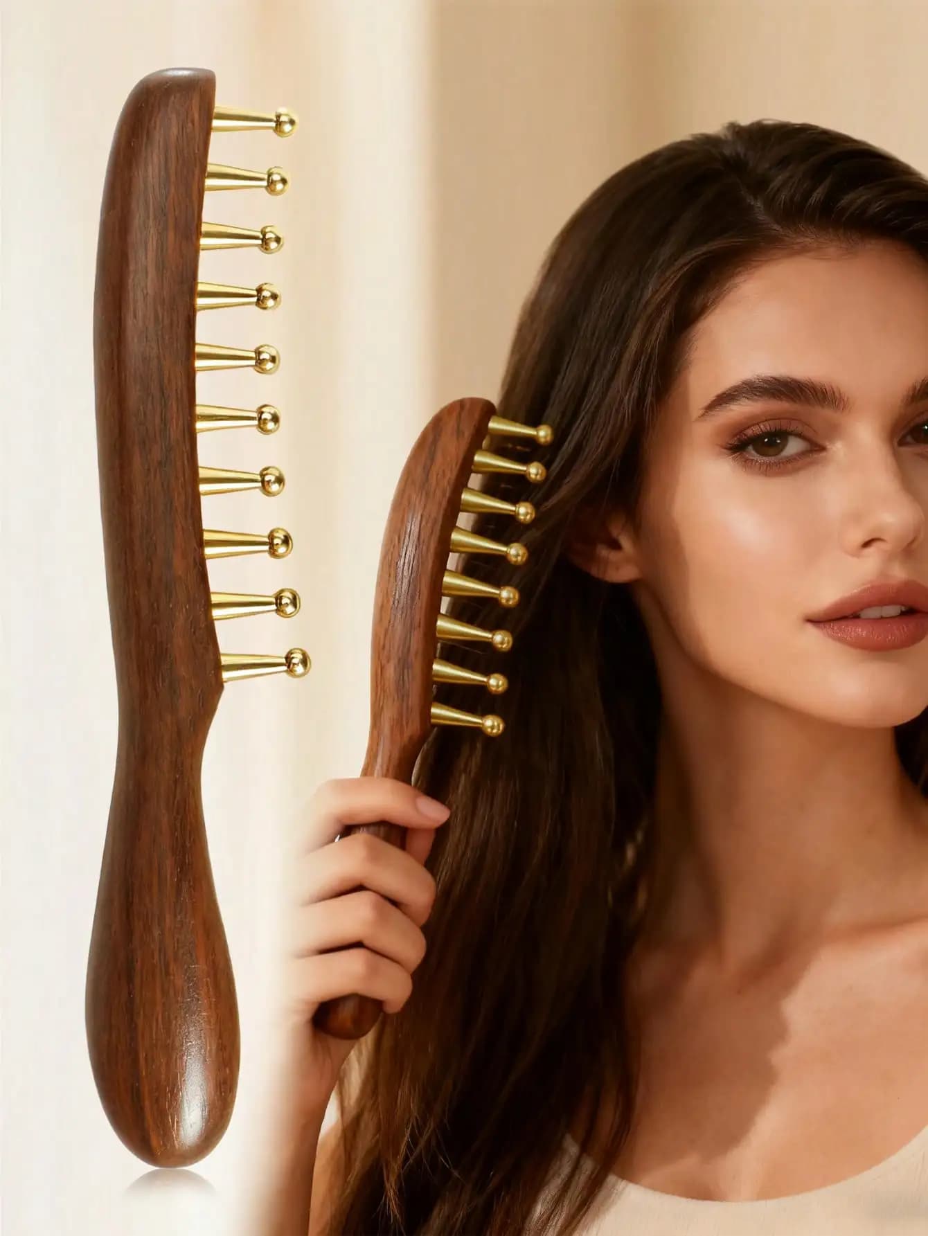 Pettine a denti larghi, 1 pezzo, in ottone, con manico lungo, denti rotondi grandi, spazzola per massaggio del cuoio capelluto, adatto per capelli ricci e lisci