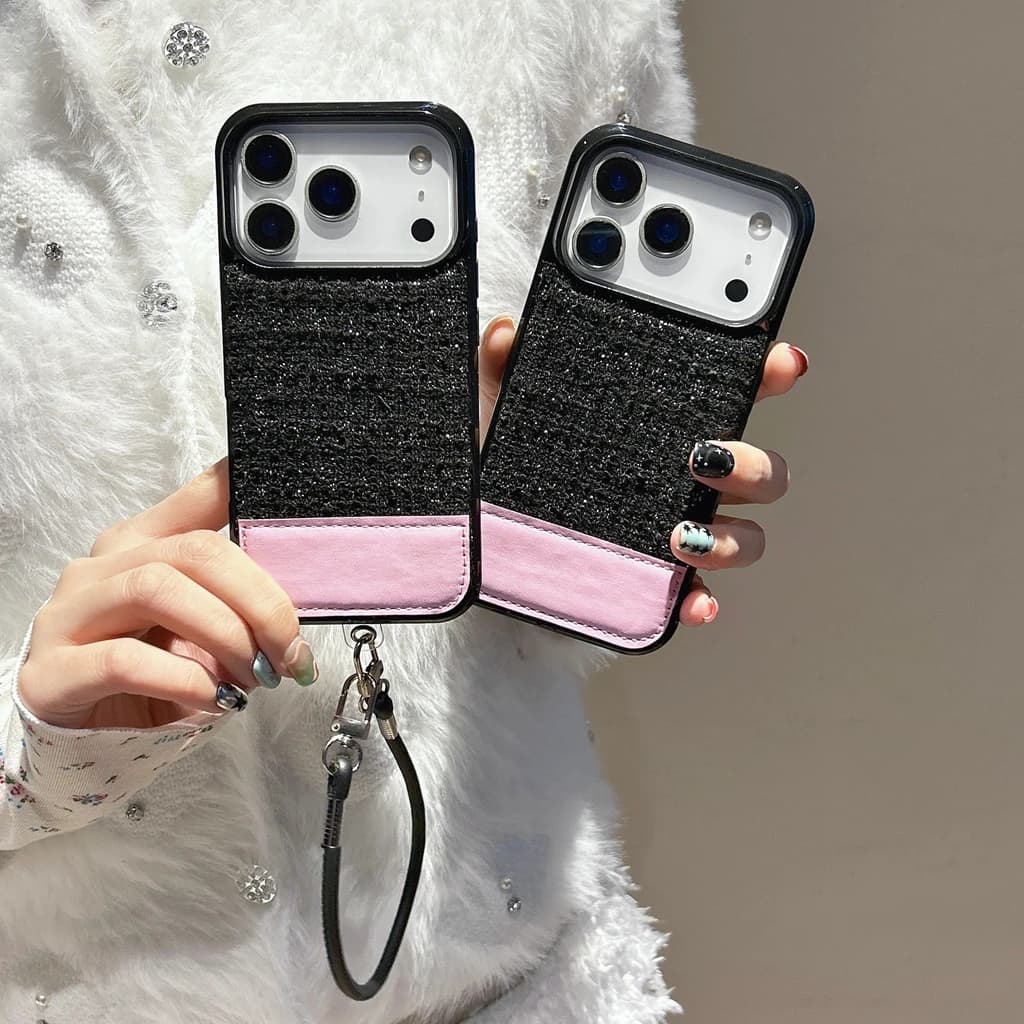 Protective Anti-shock case for iPhone 17 16 15 Pro Max, Elegant and Fashionable, in Black Glittered Fabric with Pink and Cordino Inserts