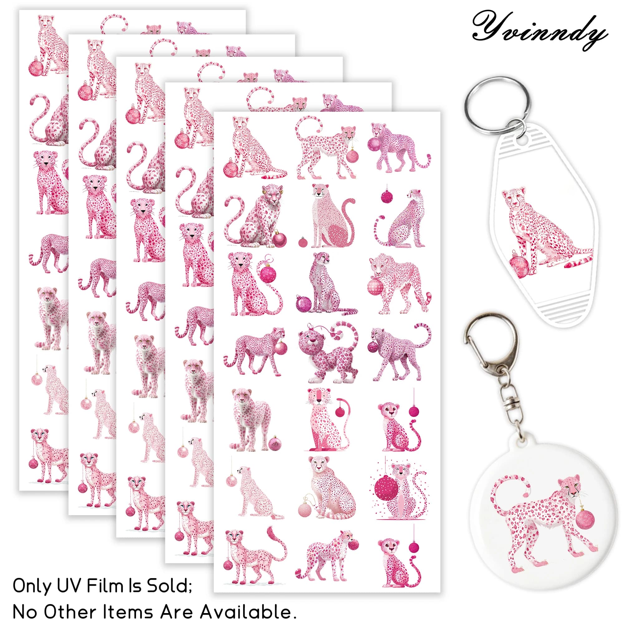 105pcs/set Christmas Pink Cheetah With Ball UV DTF Transfer Sticker Craft Kits with Crystal Label 16oz Glass Jars Wrap Stickers
