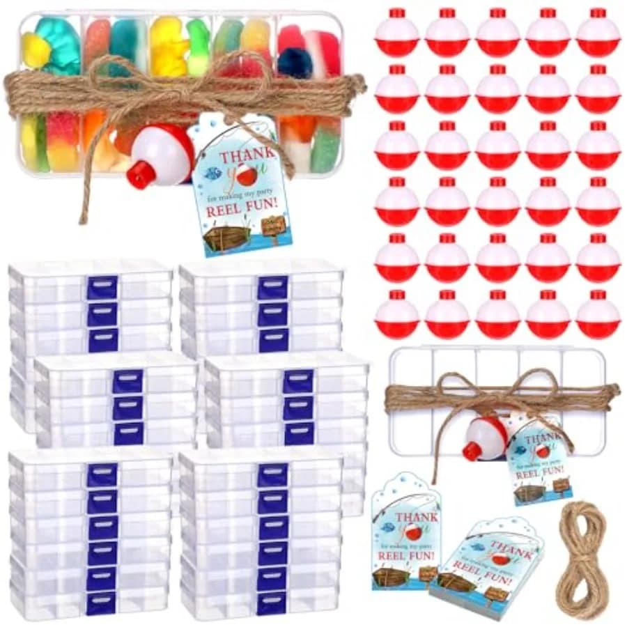 Wonderjune Set di bomboniere per la pesca: Scatoline porta-caramelle a forma di attrezzatura da pesca con galleggiante rosso e bianco e biglietti di ringraziamento per rendere il mio mulinello divertente