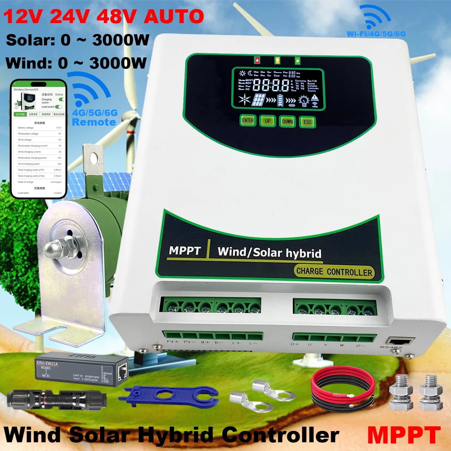 Regolatore di Carica Ibrido MPPT WIFI 3000W 4KW 6000W per Turbina Eolica e Pannello Solare, Compatibile con Batterie Lifepo4, Litio, Gel, 12V24V 48V