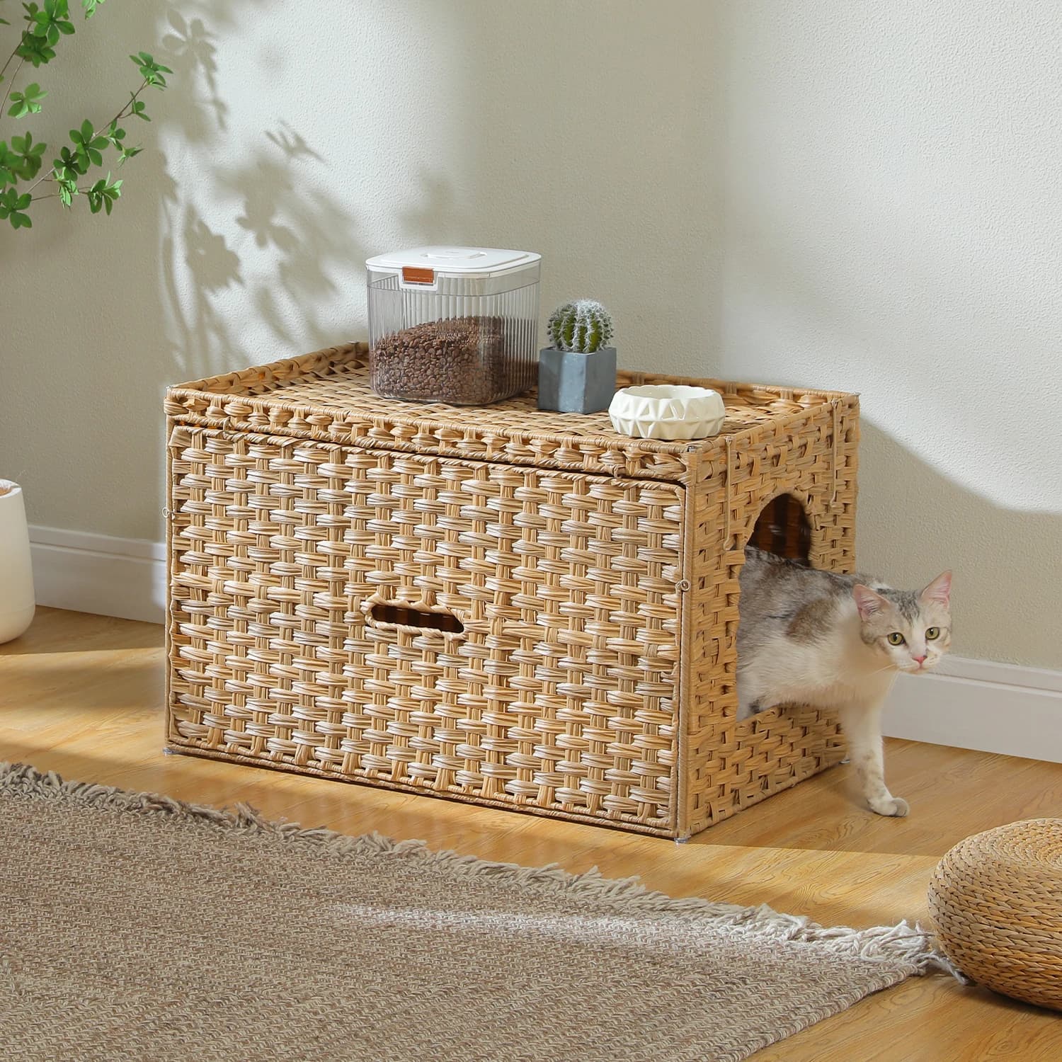 Custodia per lettiera per gatti in rattan con porta più alta e design ribaltabile: più spazio con bordo rialzato, mobili per armadietti per gatti