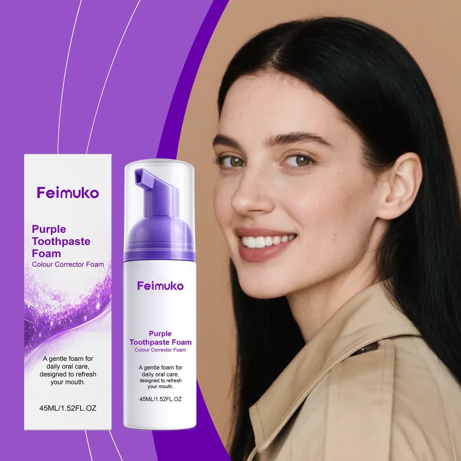 Feimuko Mousse Correttore Colore Dentifricio Viola Sbiancante Rimuovi Macchie Gialle Alito Fresco Pulizia Profonda Cura Orale