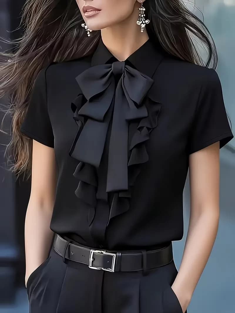 Women Lapel Bow Tie Ruffle Front Short Sleeve Blouse Button Down Elegant Shirt Fashion Daily Office Commuter Versatile Work Top