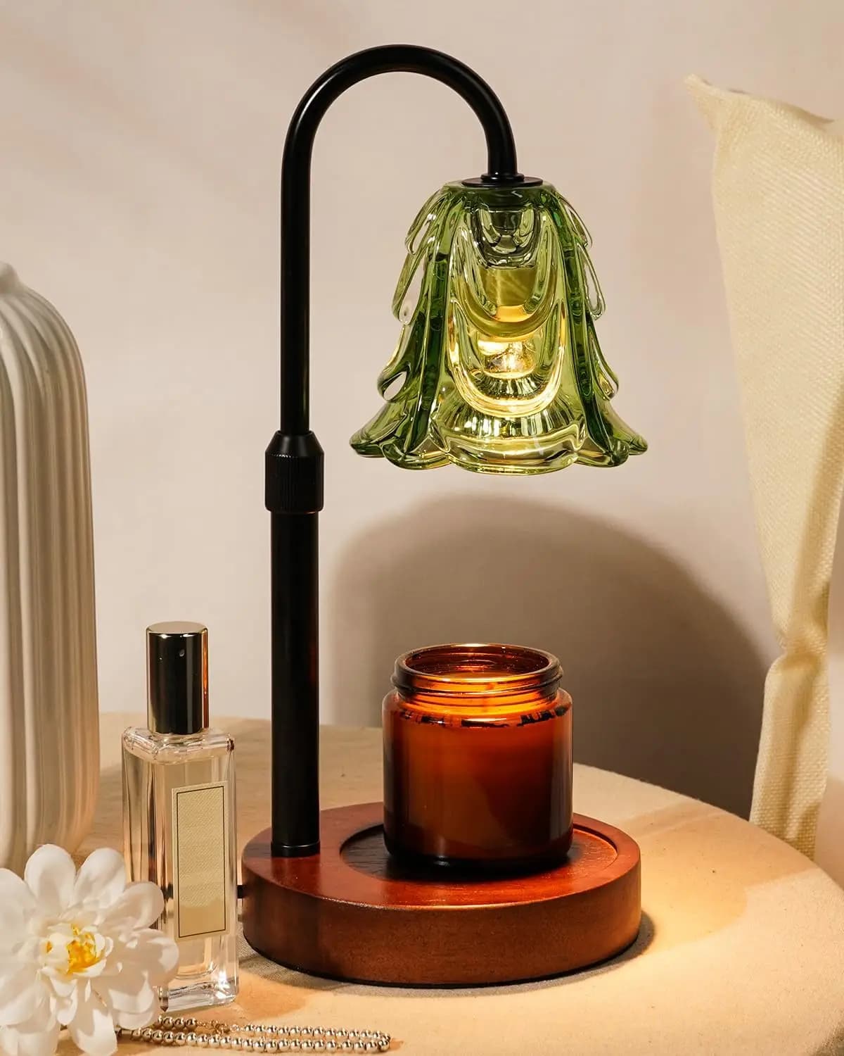 Lampada Scaldacandele con Timer e Dimmer, Base in Legno, Luce Verde Regolabile per Candele in Vaso, Regalo Perfetto per Compleanno Donna