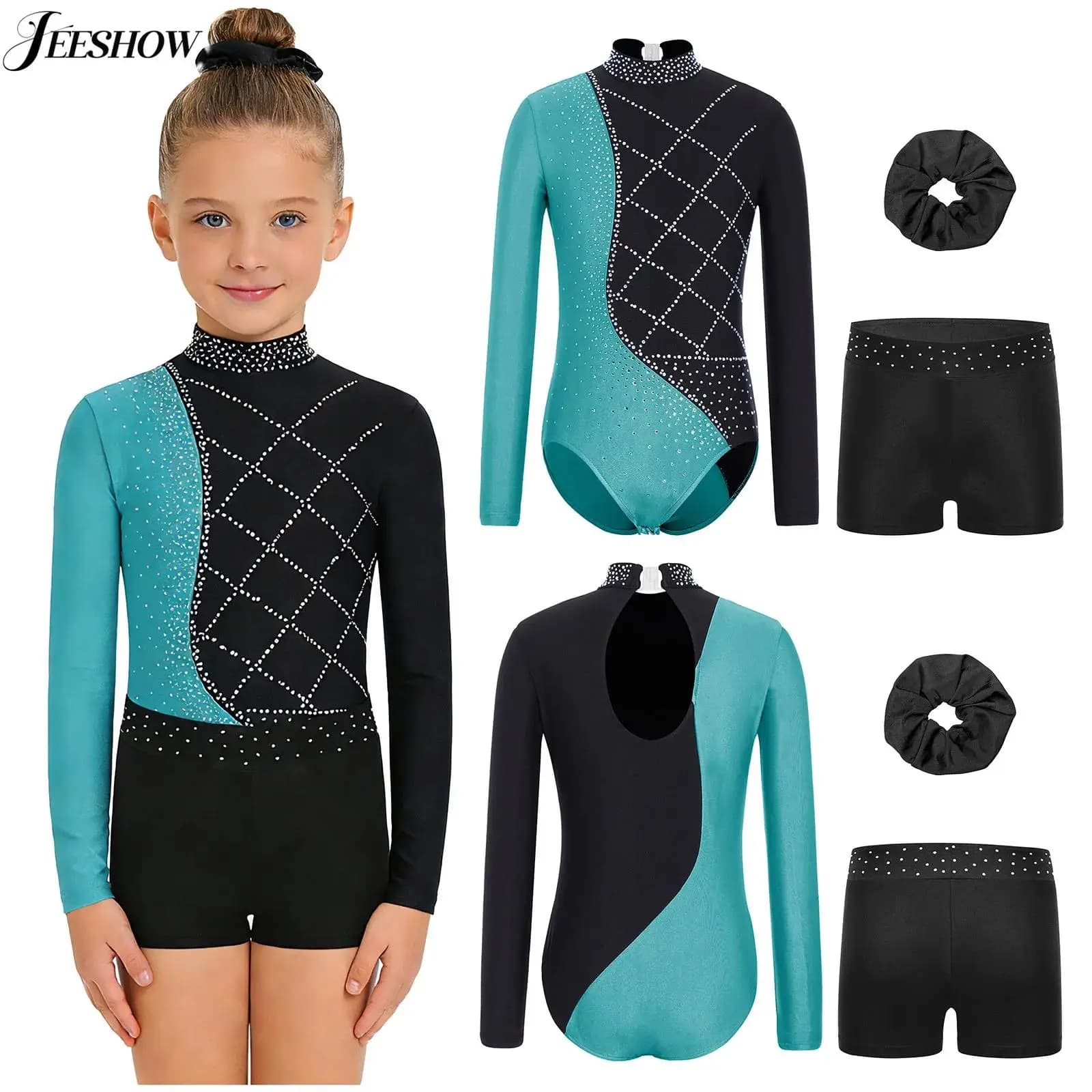 Completo da Ginnastica per Bambine, Body a Maniche Lunghe Bicolore con Pantaloncini e Fascia per Capelli, per Pattinaggio Artistico e Danza