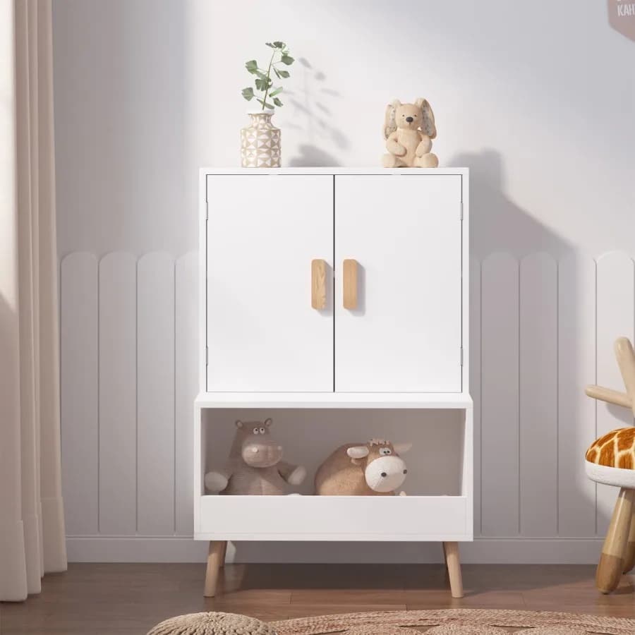 37 Toy Storage Cabinet with Doors and Open Shelf Modern Toddler shelf Organizer for Playroom or Bedroom White