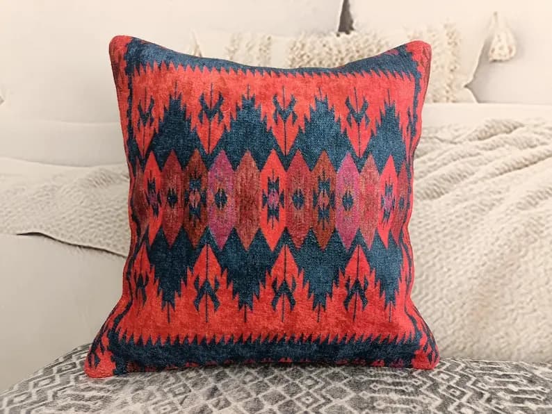 Retro Red Navy Aztec Tribal Diamond Geometric Throw Pillow Cover Boho Accent Decor Cushion Cover for Sofa Bedroom Living Room