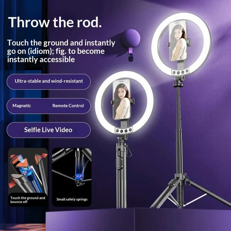 P61Q Asta Selfie con Treppiede e Lampada per Streaming Live, Luce ad Anello da 10 Pollici, Treppiede Regolabile 2,05m per Fotografia / Registrazione Video