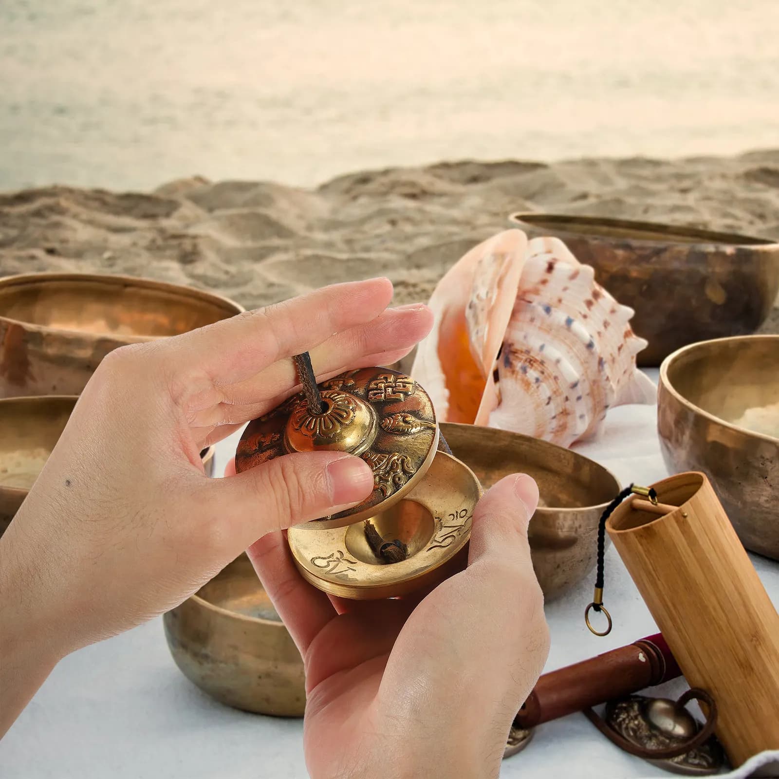 Copper Tibetan Bell on String Hand Cymbal for Meditation Yoga Spiritual Practice Clear Ringing Tone Portable Storage Bag Small