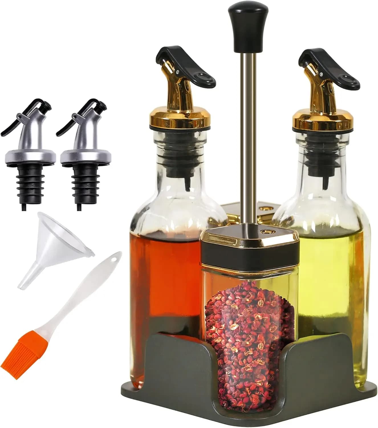 Set Dispenser con Bottiglia in Vetro, Dispenser per Spezie, Pepe e Sale, Beccucci per Olio, Imbuto per Olio, Kit con Pennello