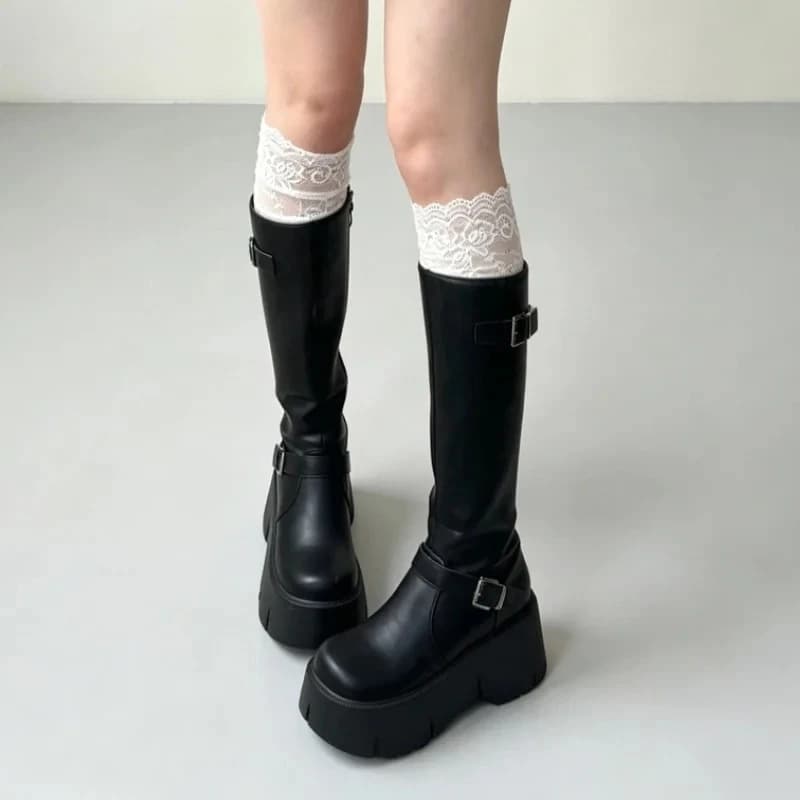 Platform Thick Bottom Women Knee High Boots Fashion Belt Buckle Slip On Knight Long Booties Autumn Winter Female Shoes
