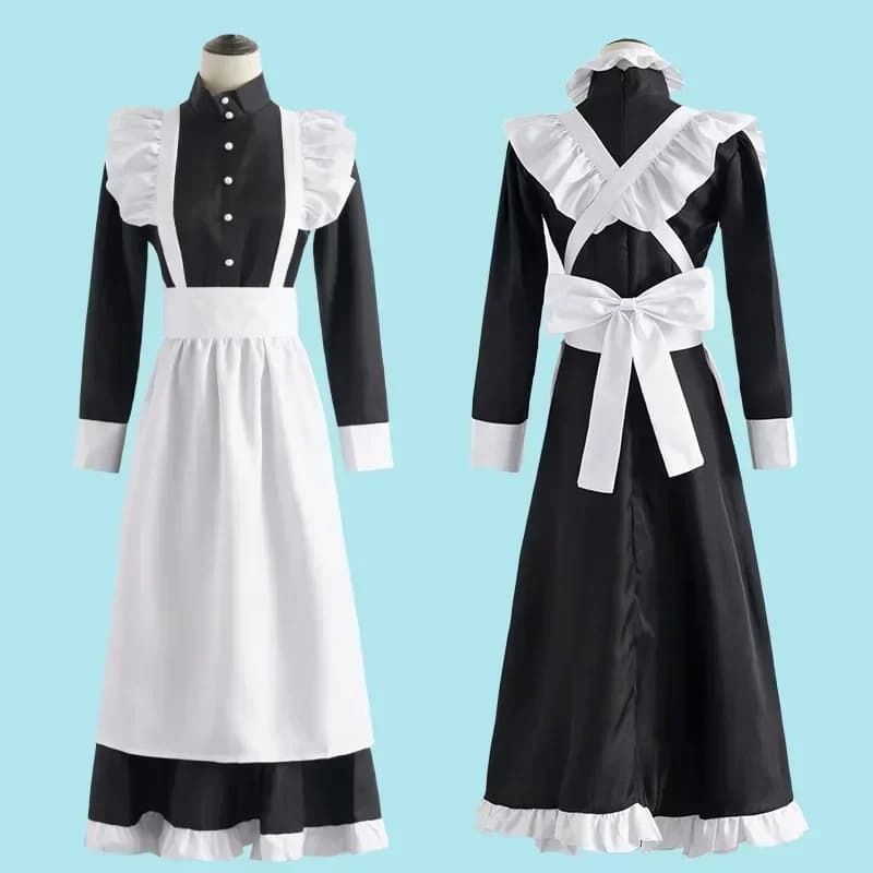 Classic Black White Maid British Style Pearl Thread Long Coffee Shop Maid Dress Home Holiday COSPLAY Men's Women's Clothe