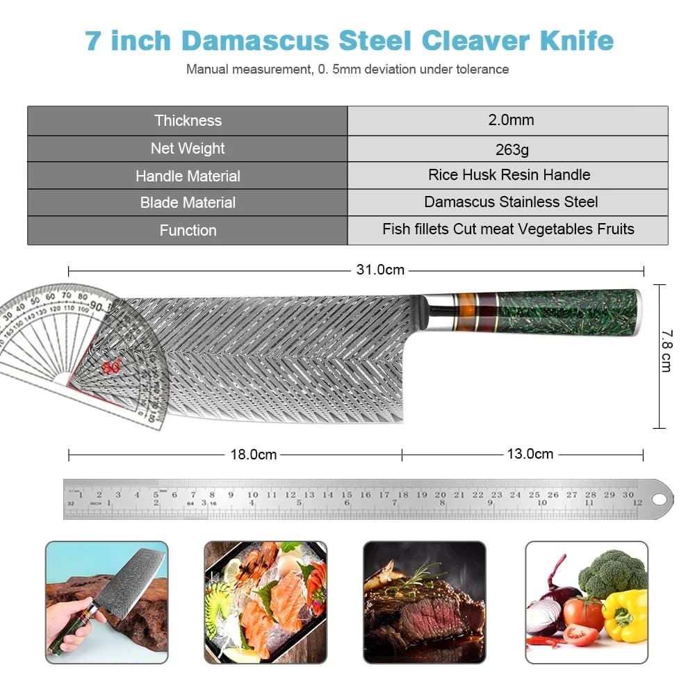 Japanese Butcher's knife 7 Damasked Steel Powders, Sharpened to Cut Meat and Vegetables, Rice Loll Resin Handle