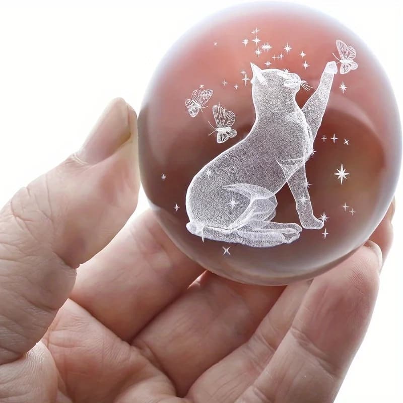 3D Cat Crystal Ball Paper Holder - Laser Engraved Glass with Metal Stand, Desk Decoration Gift for Cat Lovers
