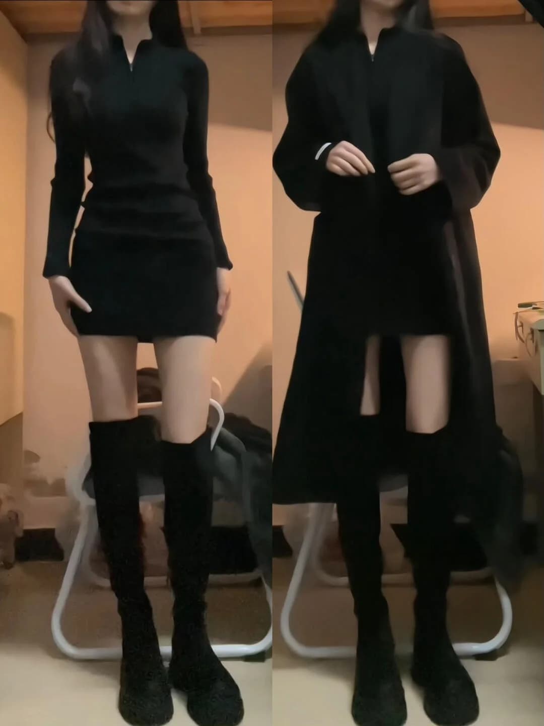 Black Autumn Winter Dress Women's Slim Fit Long Sleeve Inner Wear High Waist A-Line Skirt Korean Style Commute V-Neck Short S...