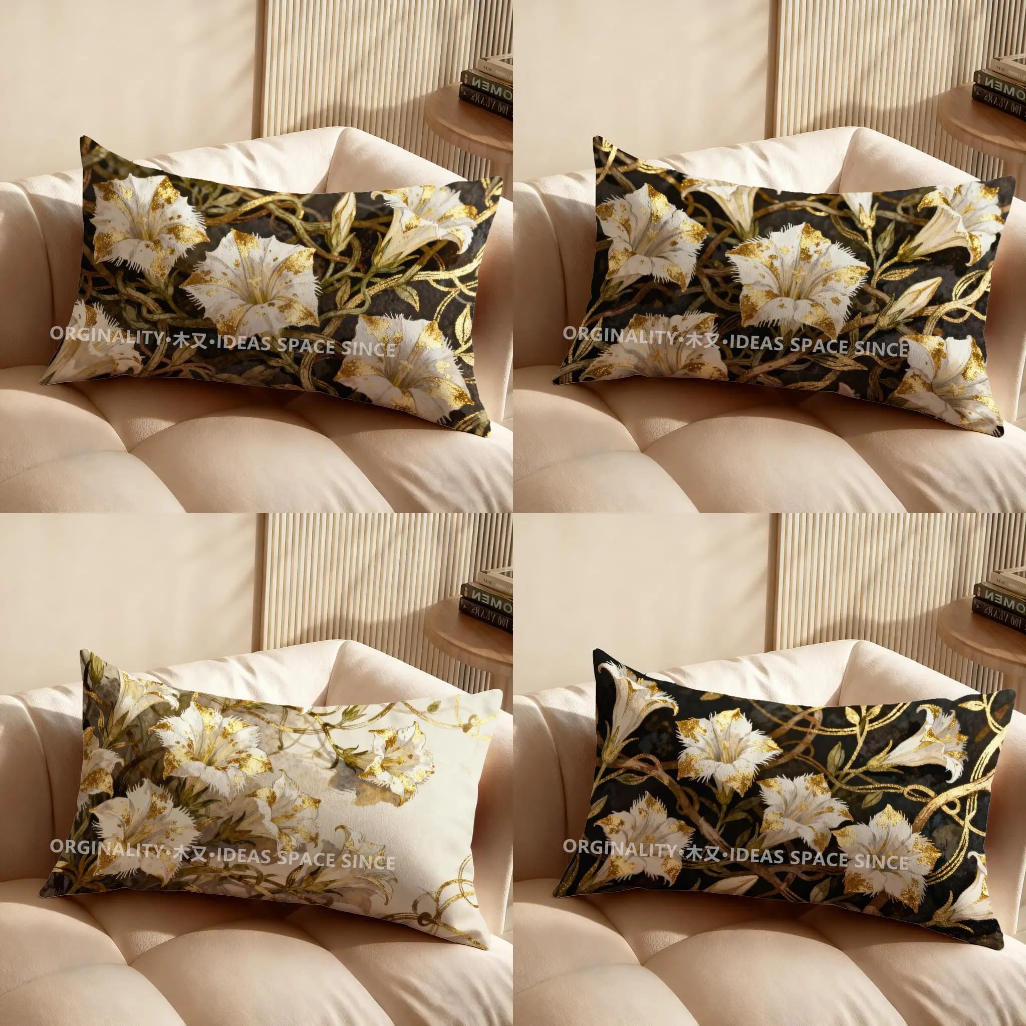 Cuscino decorativo con motivo floreale dorato 2D, adatto per divano, camera da letto, auto, cuscino rettangolare per la schiena